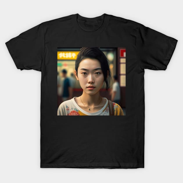 Japanese Woman Portrait in Tokyo Illustration Drawing T-Shirt by unrealartwork